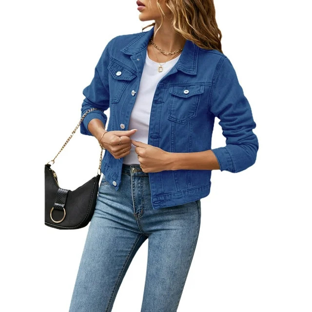 Womens Loose Denim Jacket, Long Sleeve Button Down Jean Casual Jacket with Pockets | Walmart (US)