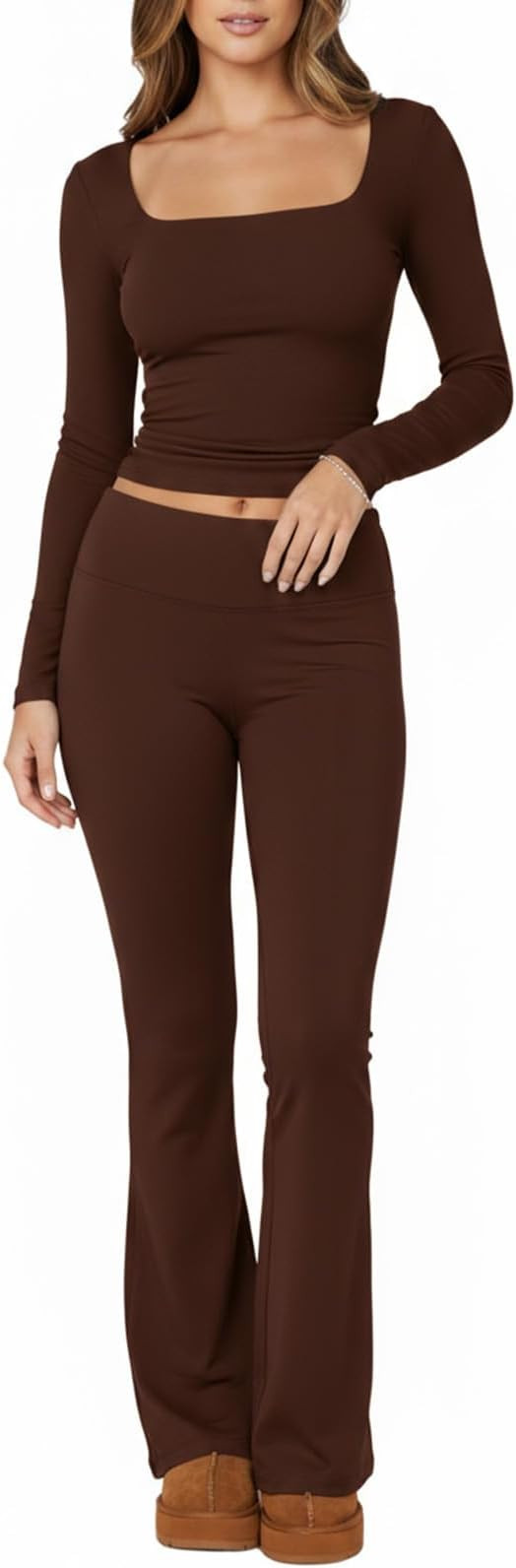 Women's 2 Piece Workout Sets Square Neck Long Sleeve Crop Tops Fold over Flare Leggings Casual Gy... | Amazon (US)