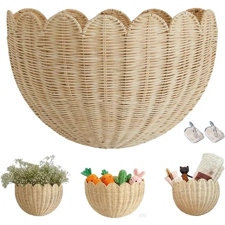 Hand Woven Rattan Wall Baskets, Scalloped Wicker Hanging Basket with Metal Frame & Hook, Minimalist Wall Decor for Home, Entryway, Kitchen, Living Room(14"x6"x8", 1Pcs) | Walmart (US)