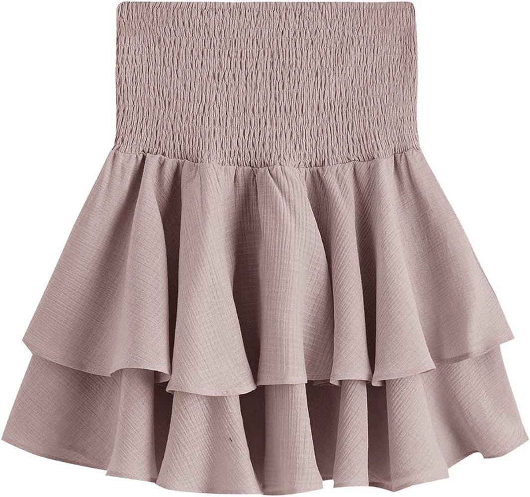 SheIn Women's Solid Shirred High Waist Layered Ruffle Hem Flared Mini Skirt | Amazon (US)