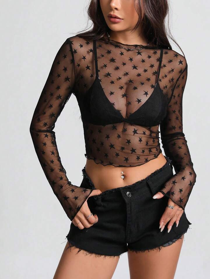 SHEIN ICON Star Print Lettuce Trim Mesh Top Without Bra | SHEIN