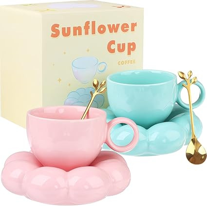 RUIYELE 2 Pcs Ceramic Coffee Mug Cloud Coffee Mug Set 7oz with Sunflower Coaster and Stainless St... | Amazon (US)