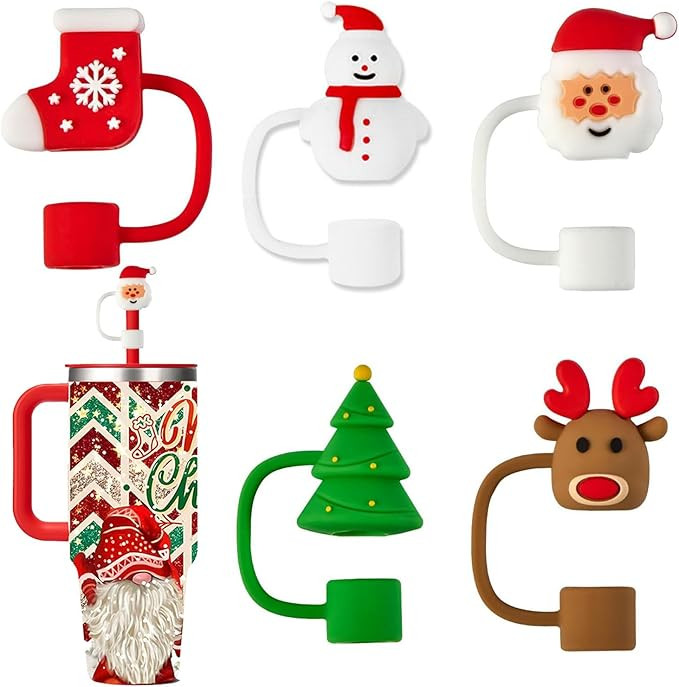 5Pcs Christmas Straw Covers Cap Toppers，Santa Claus Christmas Tree 10mm Silicone Straw Toppers ... | Amazon (US)