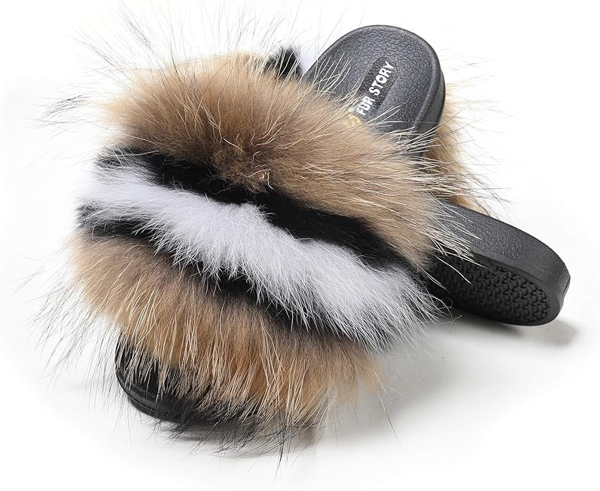 Women's Furry Slides Faux Fur Slides Fuzzy Slippers Fluffy Sandals Outdoor Indoor | Amazon (US)