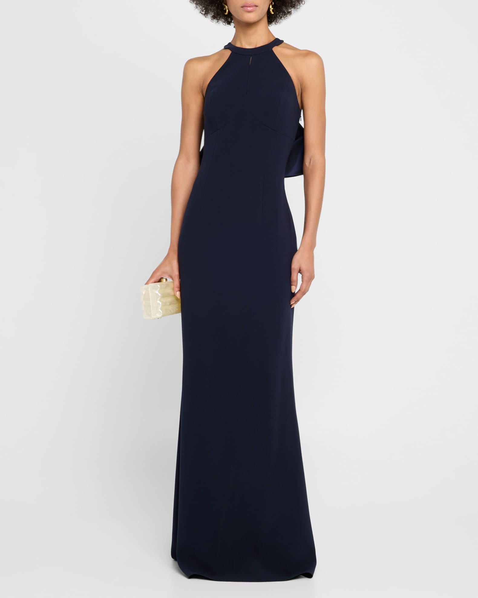 Bow-Back Crepe Halter Column Gown | Neiman Marcus