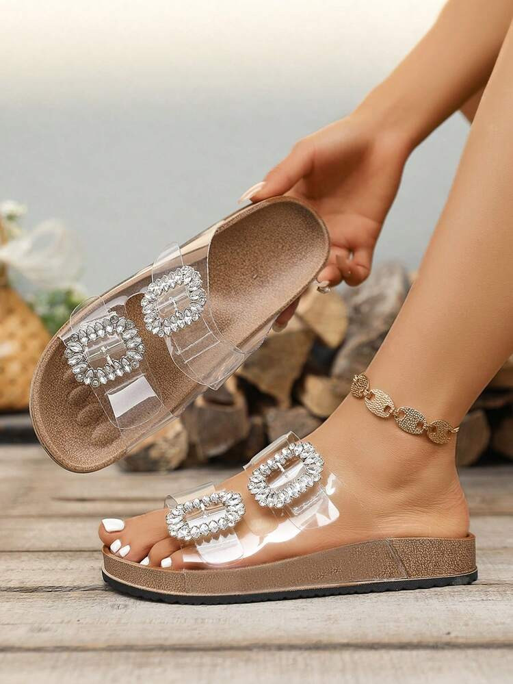 Flat Sandals, Outdoor, Beach, Casual, Soft Sole, Arch Support, Transparent, Rhinestone Decor, Adjustable Buckle Slides | SHEIN