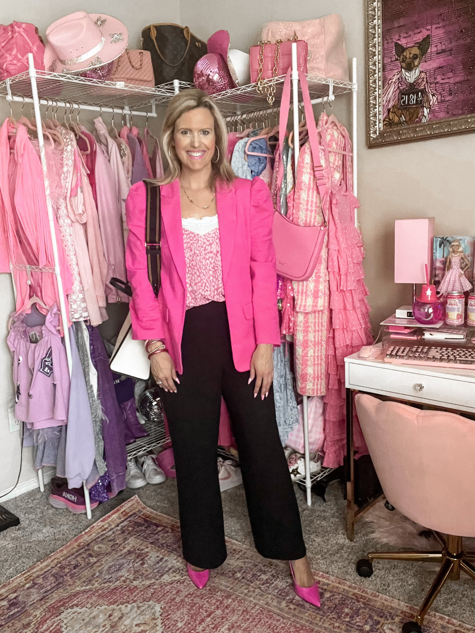 Blank wide leg trousers TTS
Pink puff blazer
Work tote
Pink workwear 
Pink heels tts 


#LTKitbag #LTKunder100 #LTKworkwear