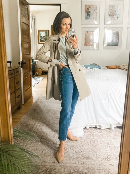 Thursday’s WFH outfit!
Wearing size XXS petite, J.Crew Icon Trench Coat without the hood. 
Linked similar sweater. 
Size 24 jeans, 501 jeans, button fly, order 1 size down from your usual size (I need size 23). 
Petite outfit. Classic outfit. Spring outfit  

#LTKworkwear #LTKSeasonal #LTKstyletip