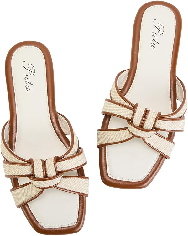 Putu Women's Flat Sandals Square Toe Slide Sandals Cute Braided Sandals for Vacation | Amazon (US)