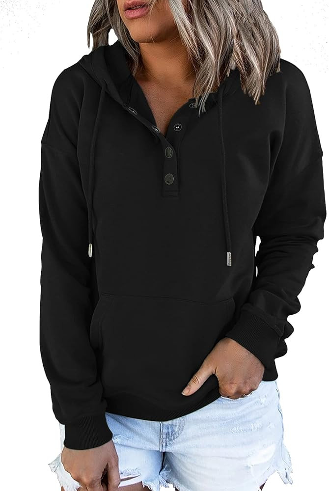 OURS Hoodies for Women Casual Button V Neck Pullover Sweatshirts Hooded Tops with Pockets | Amazon (US)