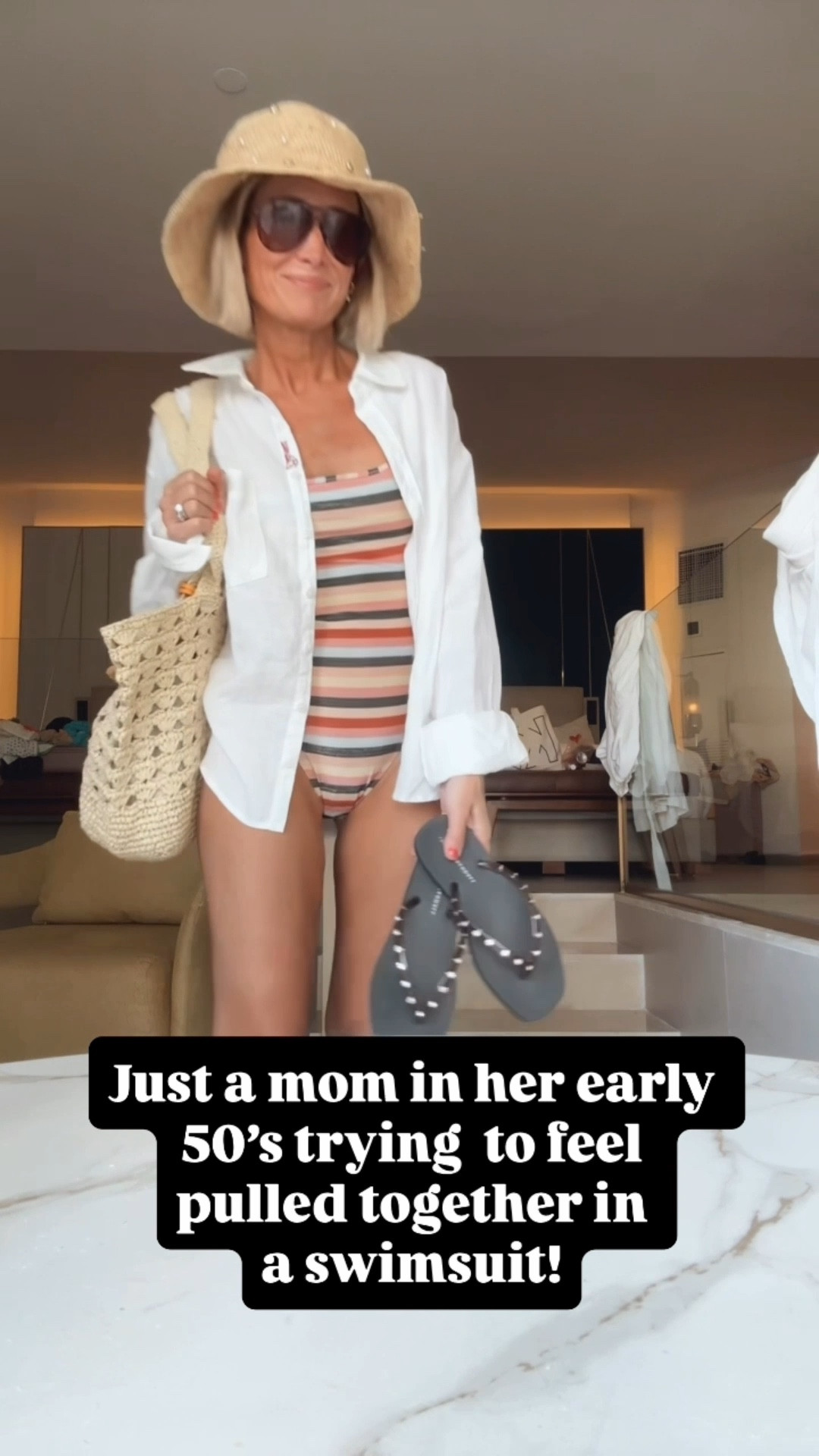 Wear the suit, make the memories! I love this striped one piece! It even has a little sparkle to it! Wore it to the beach with a linen cover up, my beach bag, flip flops and hat!  Wearing the suit in my true size!
comment shop for links

#LTKSeasonal #LTKOver40 #LTKSwim