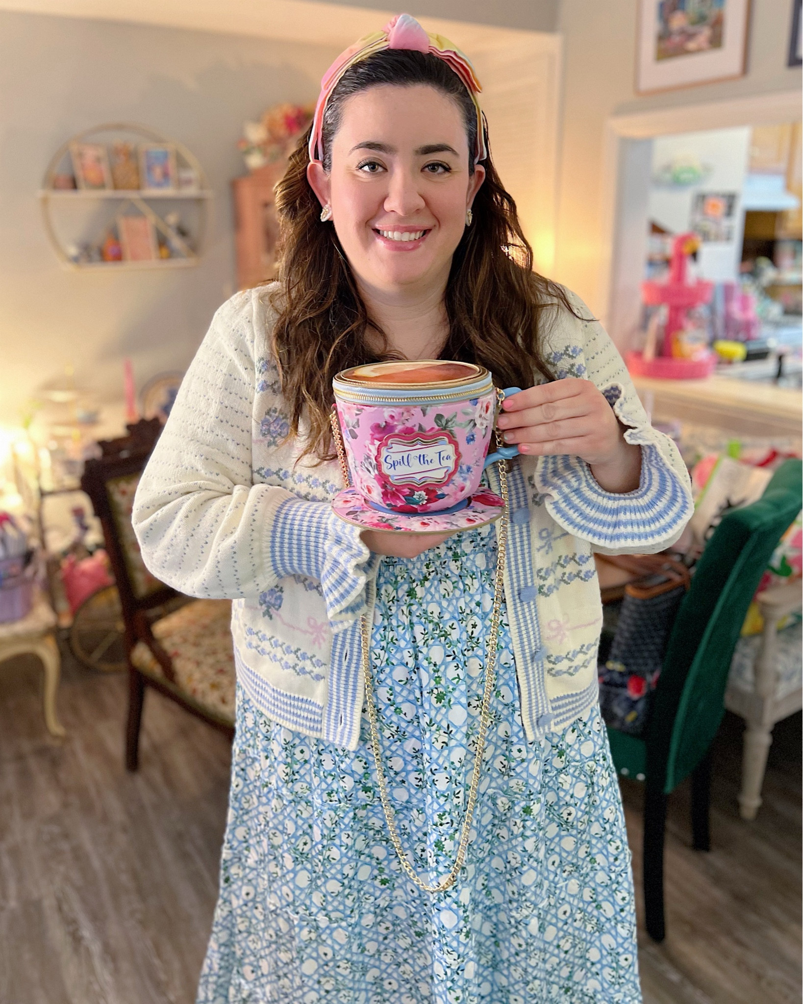 Blue and white basketweave print nap dress, bow cardigan, teacup purse, bow headband

Cottagecore outfit, grand Millennial outfit, novelty bag, coastal grandmother outfit 

#LTKMidsize #LTKItBag #LTKSeasonal