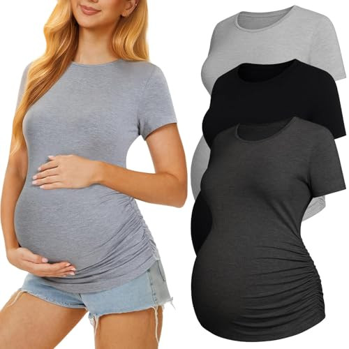 3 Pack Womens Maternity Shirts - Crew Neck Maternity Top Short Sleeve Pregnancy Tee Shirts | Amazon (US)