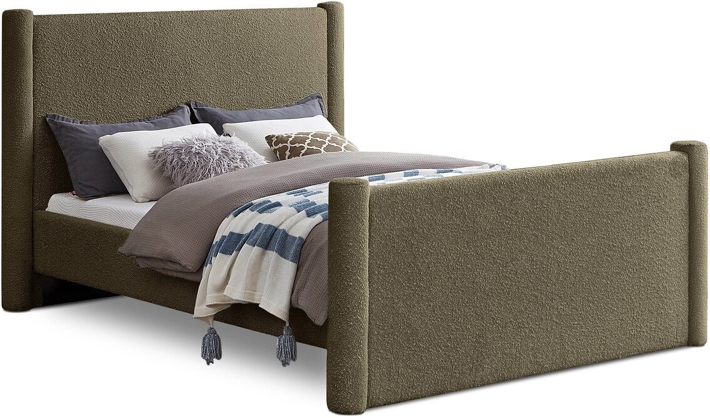 Elias Boucle Fabric Queen Bed In Olive Green | 1stopbedrooms