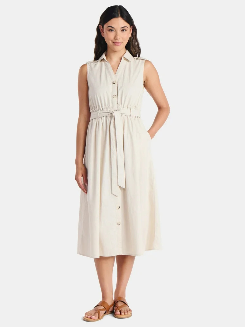 Time and Tru Women's Sleeveless Cotton Belted Midi Shirtdress, Sizes XS-XXXL | Walmart (US)