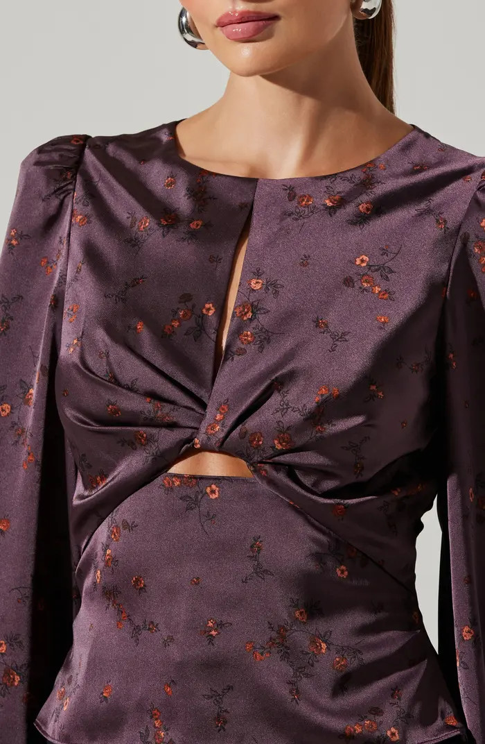 Twist Front Keyhole Balloon Sleeve Satin Top | Nordstrom