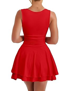 Kaximil Women's Square Neck Ruffle Hem Mini Dress Ruched Waist Short Party Dresses | Amazon (US)