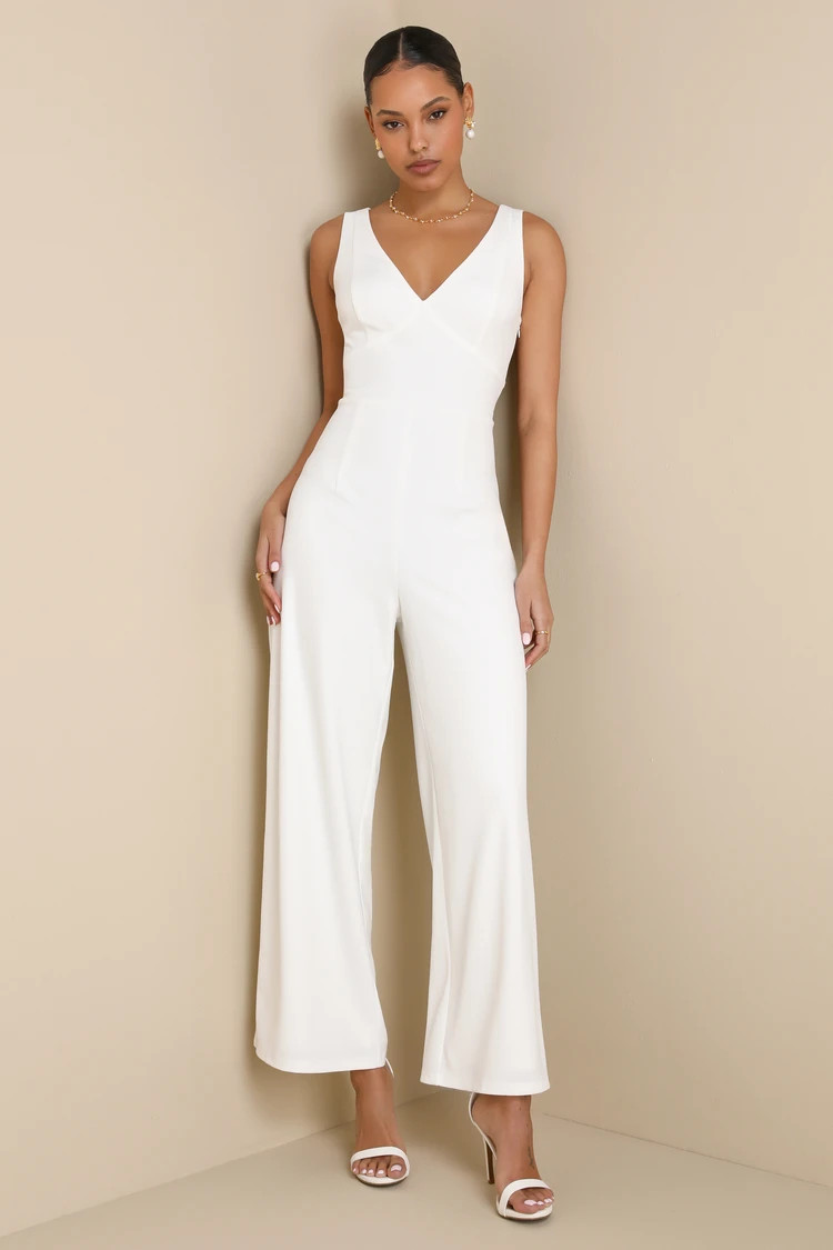 Sweet Eloquence White Lace Back Sleeveless Wide-Leg Jumpsuit | Lulus