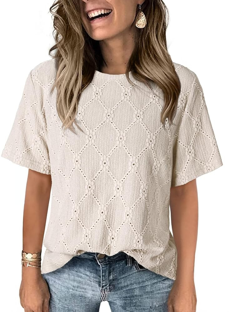 Dokotoo Women's Tops Casual Scoop Neck Short Sleeve Eyelet Embroidered Hollow Out Blouses Shirts | Amazon (US)