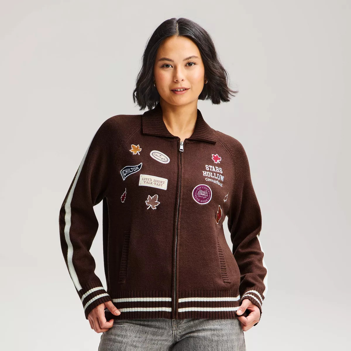 Women's Gilmore Girls Zip-Front Graphic Cardigan Sweater - Brown XXS | Target