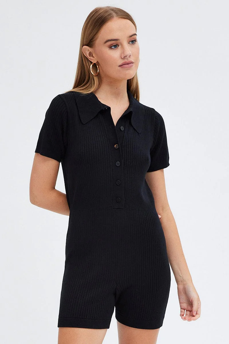 Black Knit Romper Short Sleeve Collared Onesie Unitard | Ally Fashion (US, Australia & New Zealand)