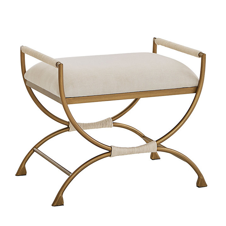 Connelly Upholstered Bench with Brass Frame & Natural Linen Slip Seat | Ballard Designs, Inc.