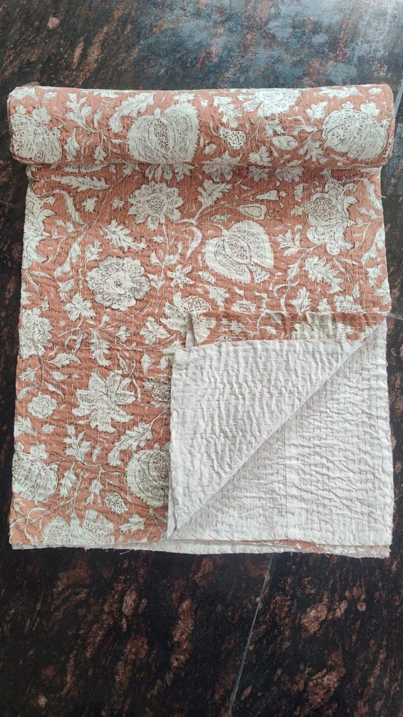 Peach Queen Kantha Quilt Indian Kantha quilt Queen king sized cover taupe quiltIndian kantha Quil... | Etsy (US)