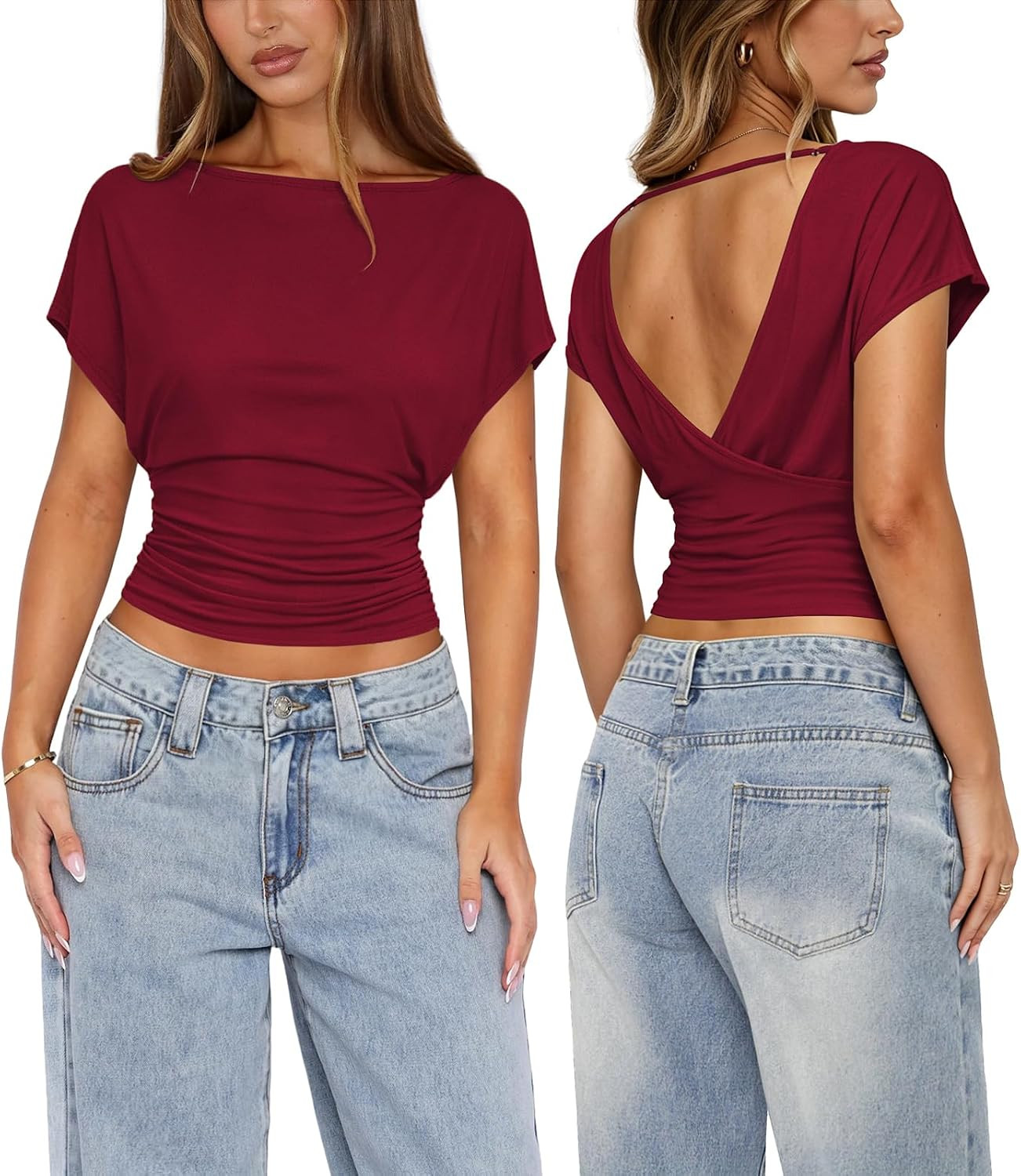 Ruched Cinched Waist Tops for Women Summer Backless Shirt | Amazon (US)