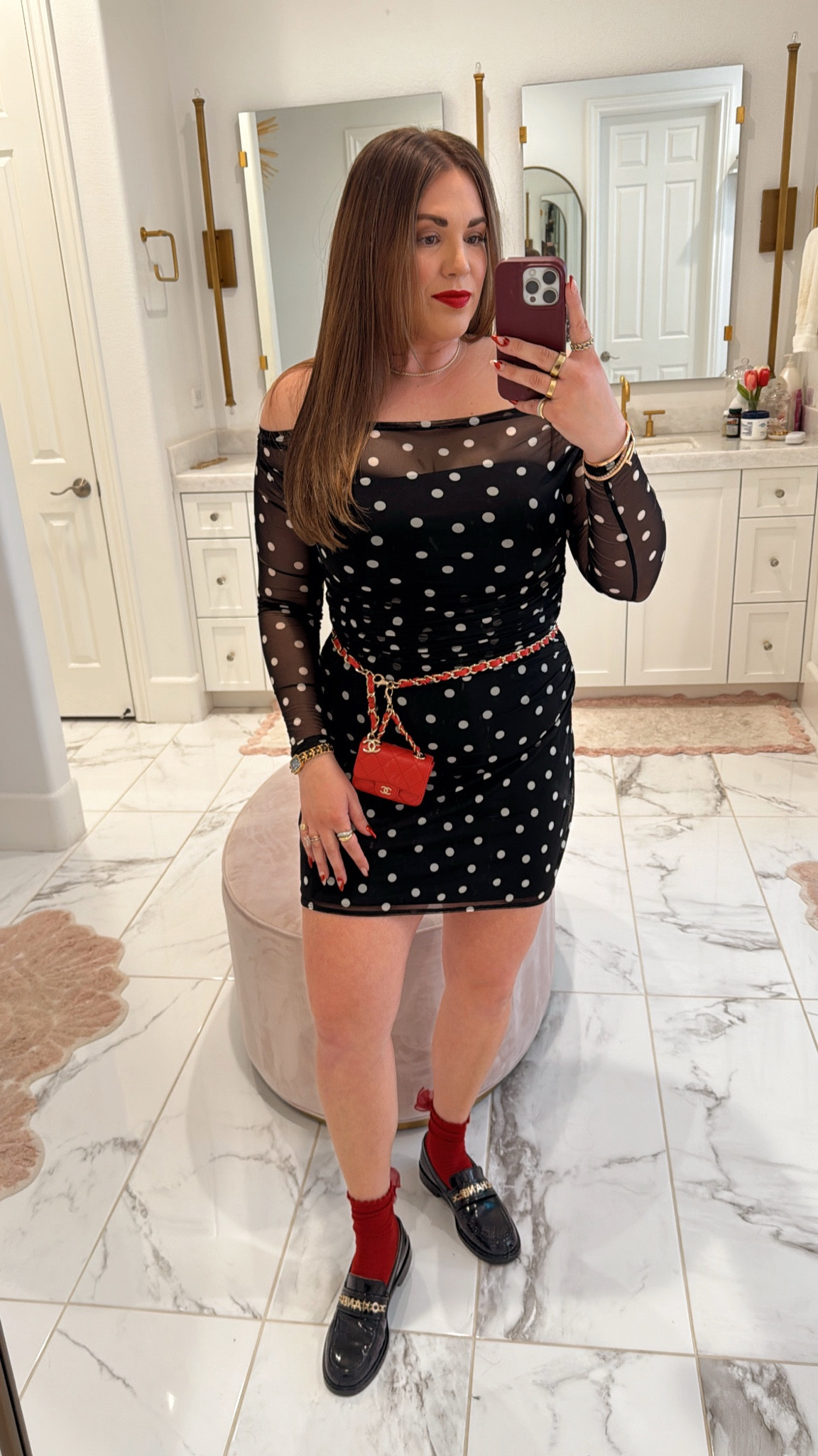 curvy midsize valentine date night outfit! wearing size large in polka dot mesh off the shoulder dress. lip color is Feels So Grand 💋 

#LTKSeasonal #LTKMidsize #LTKFindsUnder100