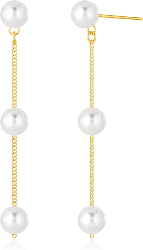 Moodear Dainty Pearl Dangle Earrings for Women - Trendy 14K Gold Plated Pearl Hypoallergenic Drop... | Amazon (US)