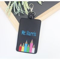 Id Badge Holder, Colored Pencils Personalized Vertical Card Protector Case, Lanyard Accessory, Teacher Gift | Etsy (US)