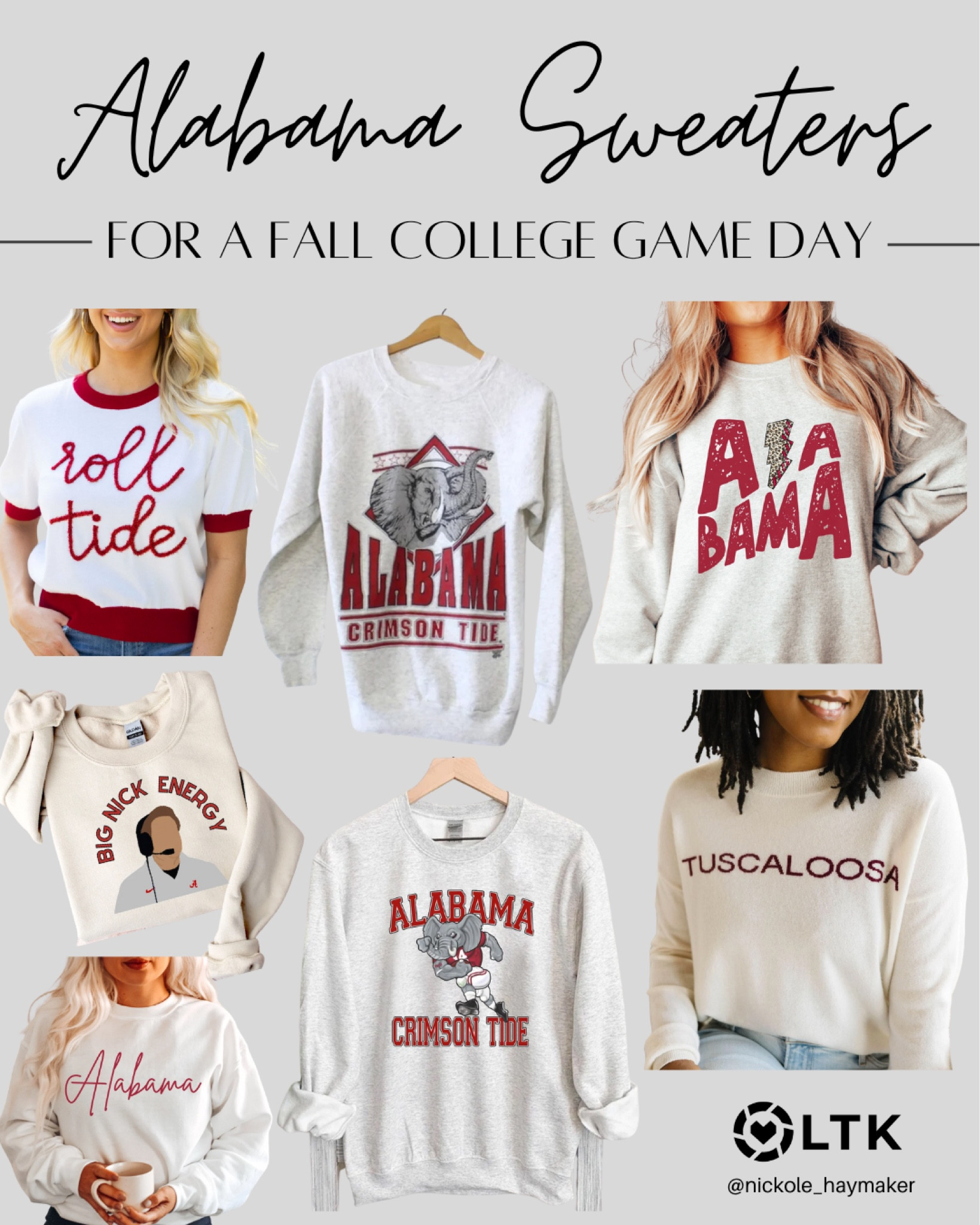 Some ALABAMA sweaters I found for a colder game day! I love these and definitely getting the “Big Nick Energy” - if you know, you know. ❤️🏈

#alabama #football #college #collegefootball #rolltide 

#LTKunder50 #LTKSeasonal #LTKU