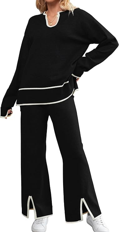 SuperPrity Women Sweater Sets 2 Piece Outfits Notch Neck Long Sleeve Knit Pullover Tops Wide Leg ... | Amazon (US)