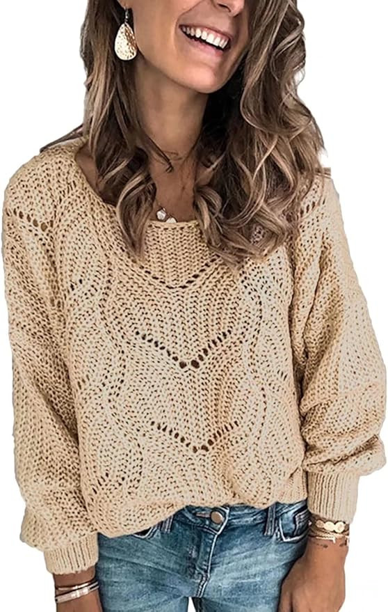 Dokotoo Womens 2022 Cute Elegant Soft Crewneck Long Sleeve Hollow Cable Knit Pullover Sweaters | Amazon (US)