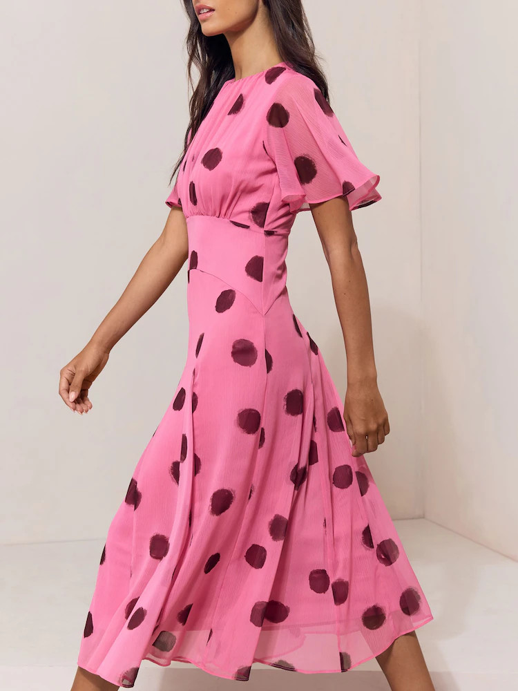 Lipsy Pink Spot Short Flutter Sleeve Midi Dress | Next EU