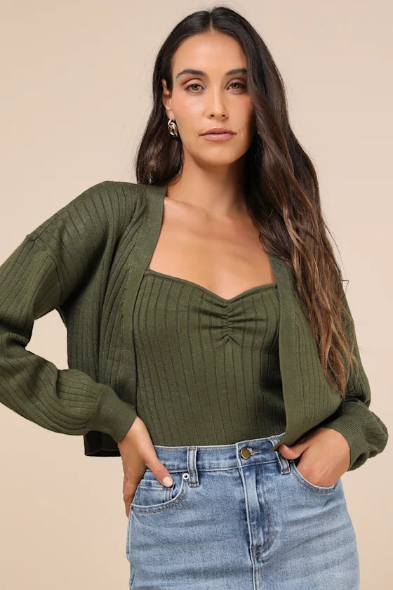 Cutest Duet Olive Green Knit Cami Top and Cardigan Sweater Set | Lulus