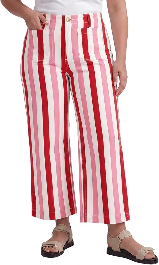 Beautife Womens Plus Size Wide Leg Jeans Striped Cropped Denim Pants | Amazon (US)