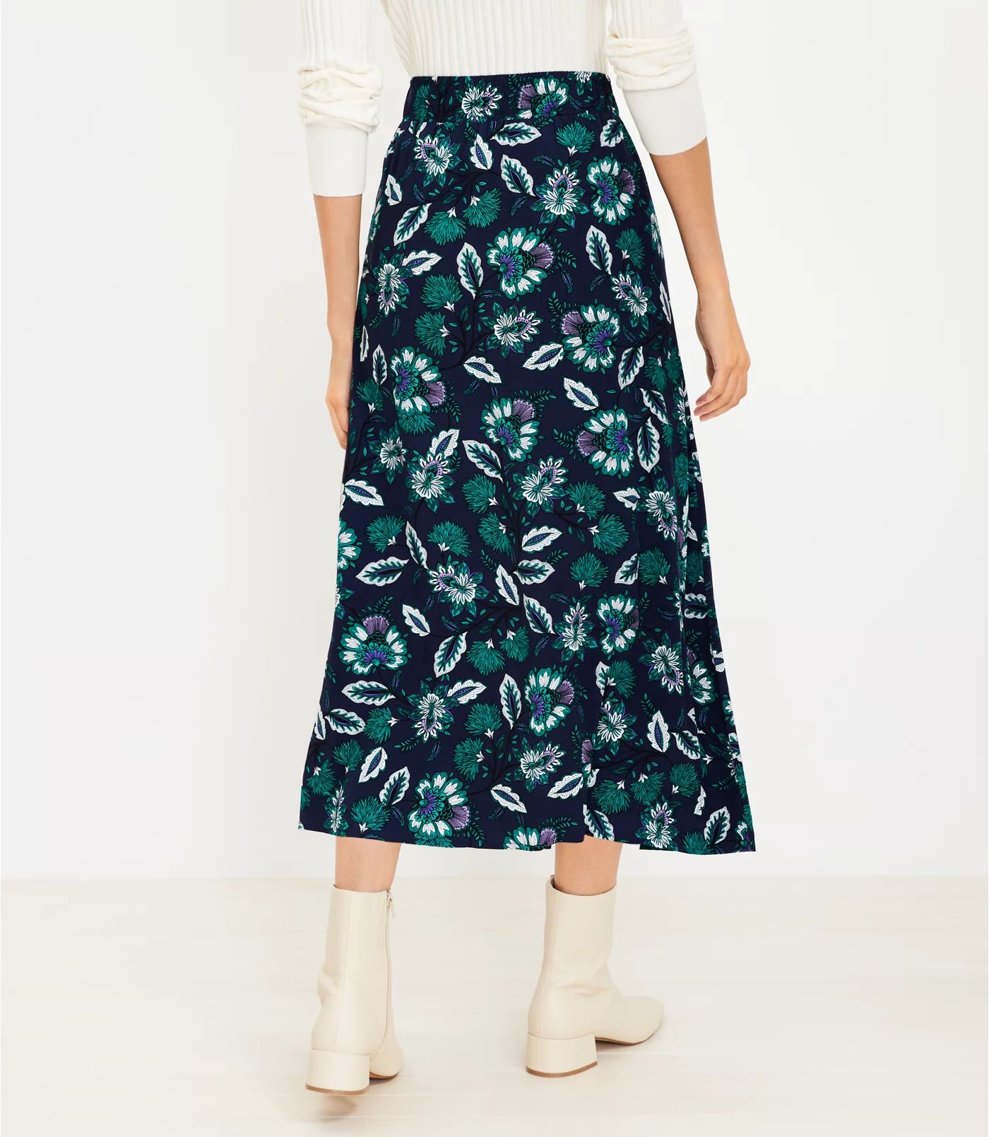 Floral Button Pull On Midi Skirt | LOFT