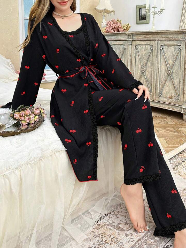 CottageSlumber 3pcs Women's Cherry Printed Robe Set With Contrast Lace Trim Holidayseason | SHEIN