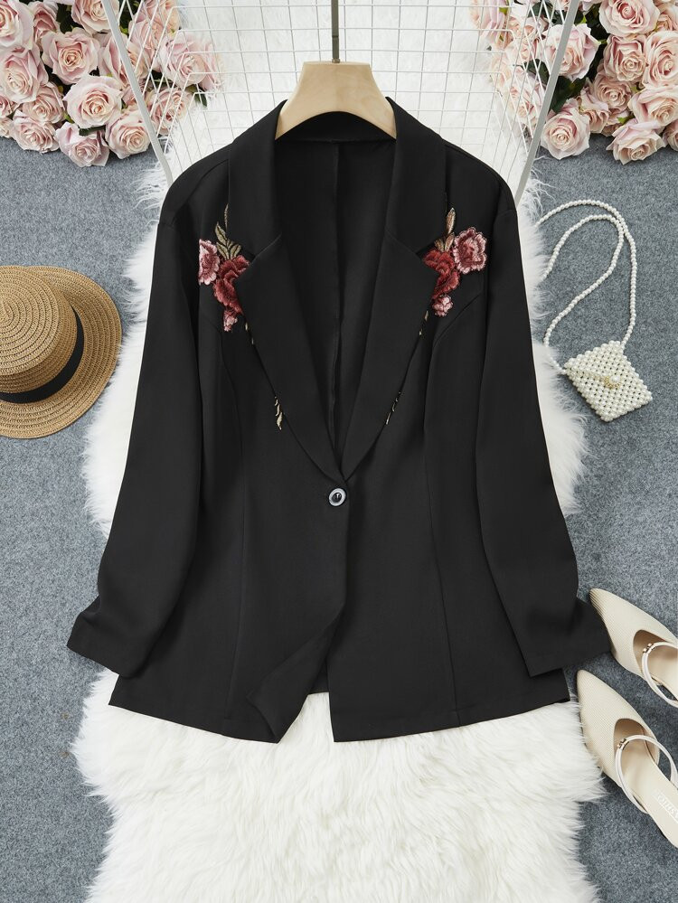 Plus Embroidery Appliques Single Button Blazer | SHEIN