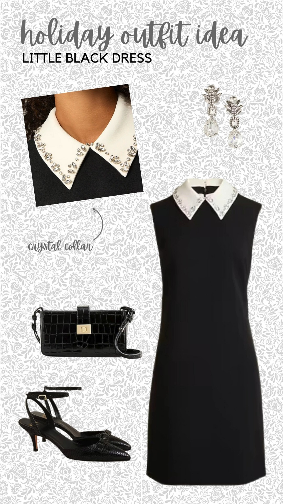 Holiday Party Outfit Idea! The little black dress is a go-to favorite for holiday events, and it is perfect for a cocktail party, office Christmas party, or dinner out. This dress features a white collar with crystal details. Finish the look with sparkling teardrop earrings, a faux croc crossbody, and kitten heels that are comfortable and chic.  

 #LTKHoliday #LTKSeasonal #LTKParties
