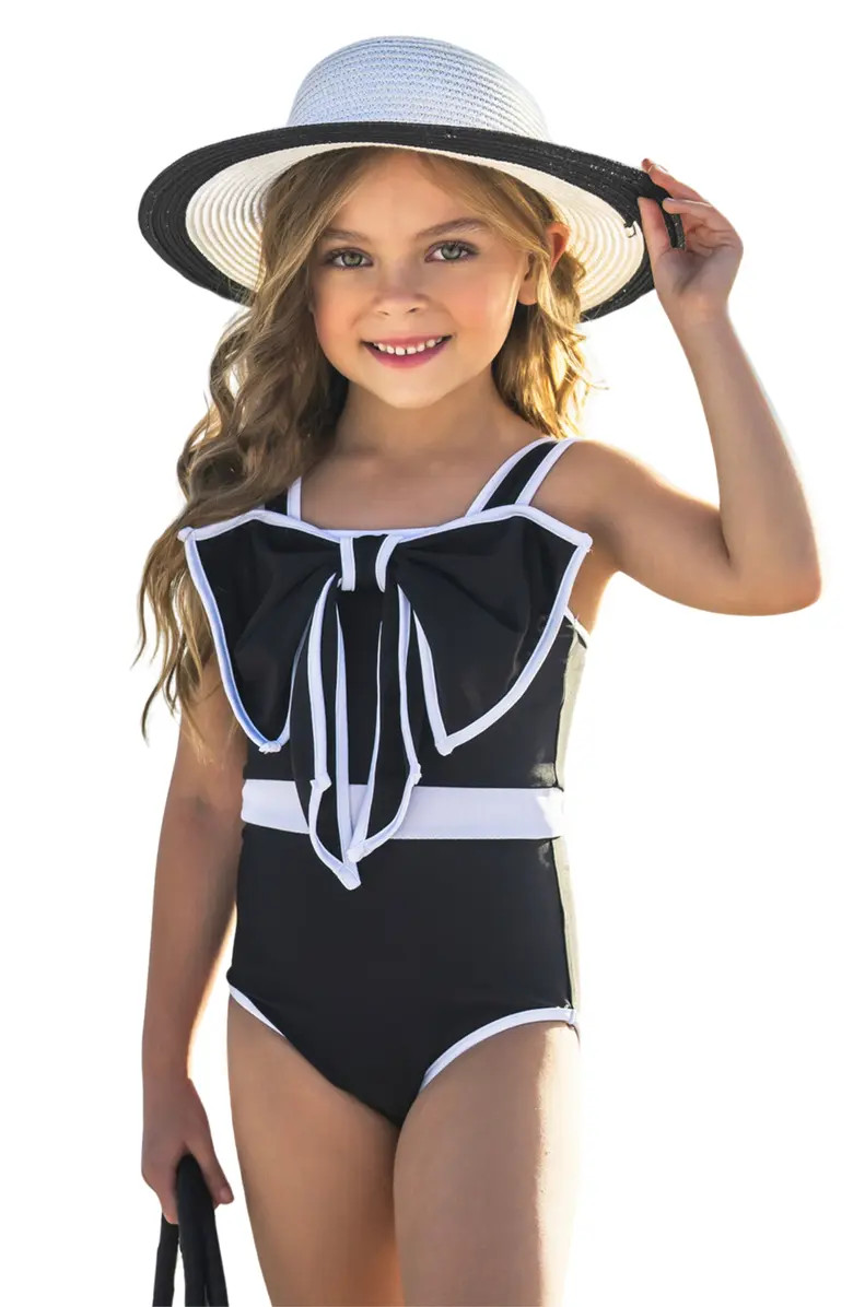 Mia Belle Girls Sun-Kissed Elegance Statement Bow Black One Piece Swimsuit | Nordstrom | Nordstrom