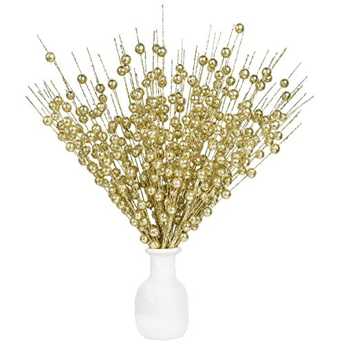 DearHouse 10 Pack Christmas Glitter Berries Stems, 15Inch Artificial Christmas Picks for Tree Ornaments, DIY Xmas Wreath, Crafts, Holiday Home Decor (Gold) | Amazon (US)