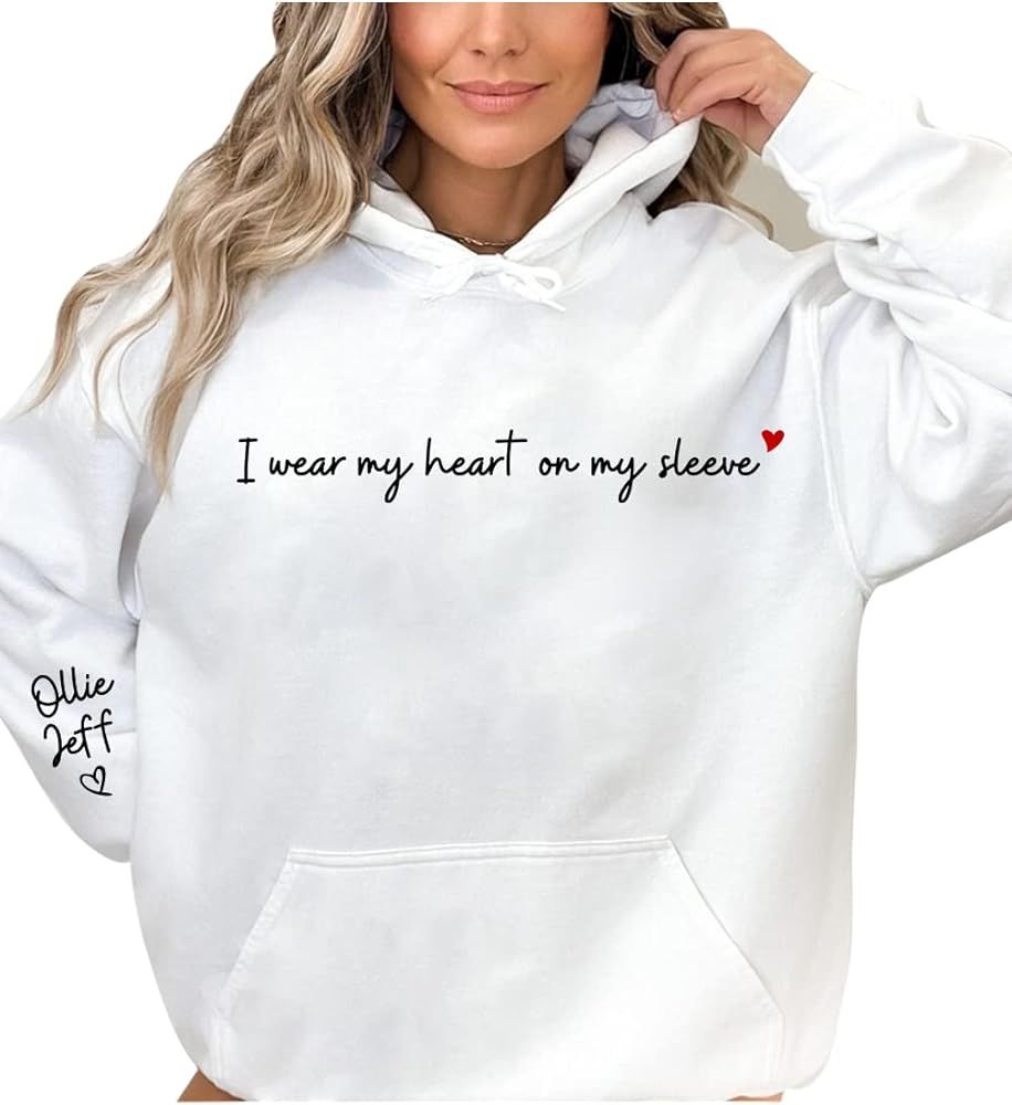 I Wear My Heart on My Sleeve Hoodie Kids Children Name on SleeveCustom Mom Hoodie, Mama Hoodie | Amazon (US)