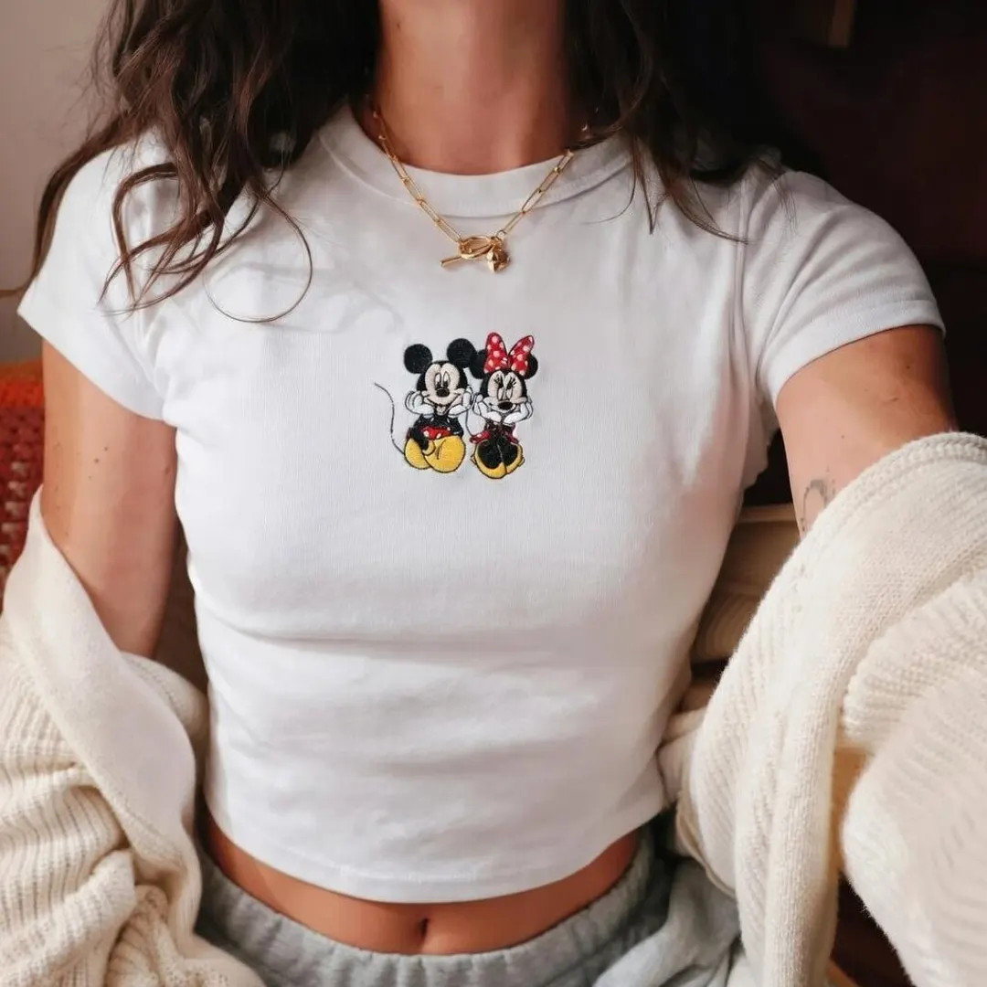 Mickey and Minnie Mouse Embroidered Baby Tee, Vintage Cartoon Baby Tee, Retro Disney Fitted Tee, ... | Etsy (Global)