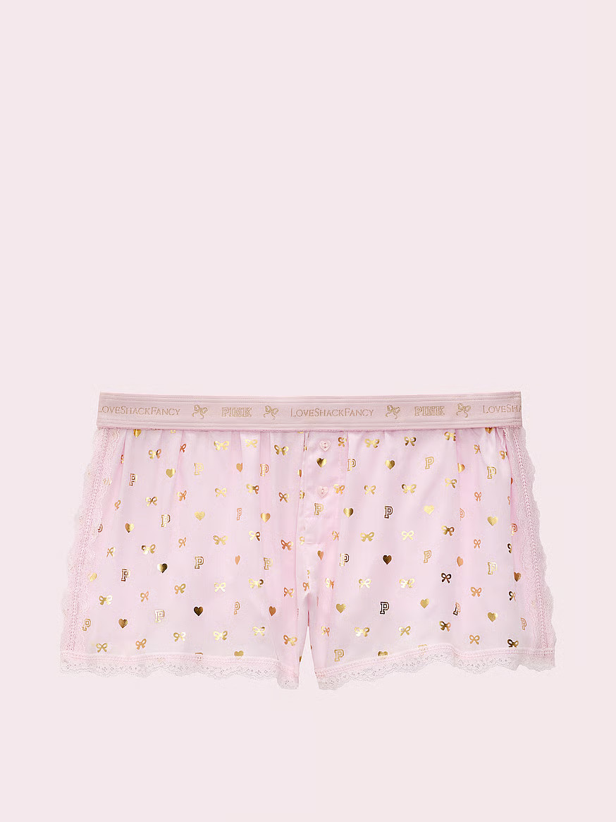 Buy PINK x LoveShackFancy Silky Boxy Pajama Shorts, Baby Bow Icon Bling - Order Pajama Bottoms on... | Victoria's Secret (US / CA )