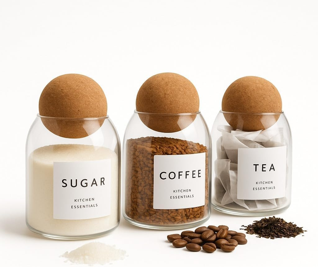 Livabl Coffee Tea Sugar Container Set - 3 Unique Cork Ball (17oz) Glass Jars -Kitchen Canister Set of 3-Jars for Coffee Station | Amazon (US)