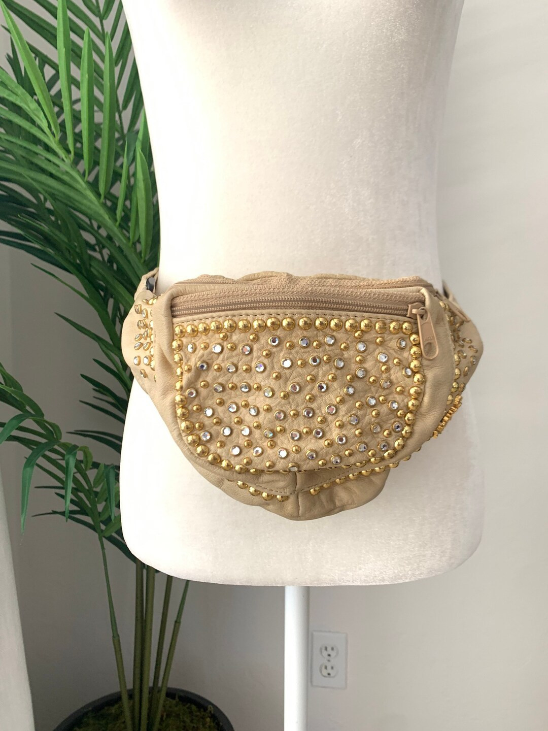 90's Rhinestone Cream Leather Belt Bag | Etsy (US)