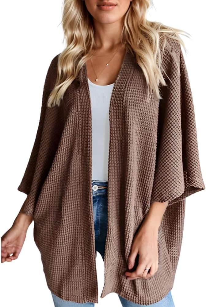 Women's Casual Waffle Knit 3/4 Batwing Sleeve Open Front Kimono Cardigan Oversized Loose Lightwei... | Amazon (US)