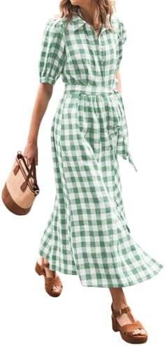 CHARTOU Women Summer Plaid Puff Short Sleeve Dress Button Down Long Shirt Dress with Belt | Amazon (US)